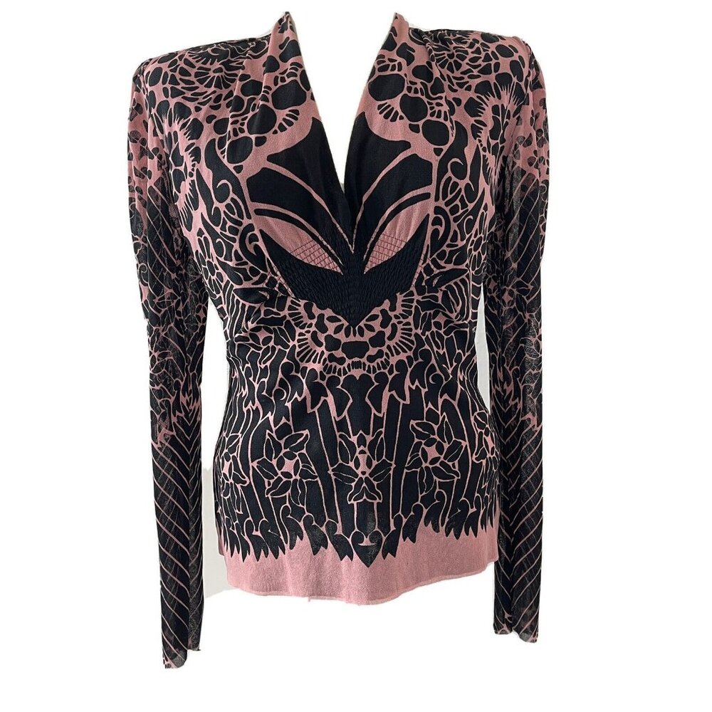 Vivienne Tam Vintage 90s Top Nylon Mesh Black Pink Floral Sheer sleeves Sz 2